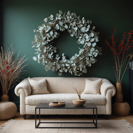 A cozy living room features a plush cream sofa, a large eucalyptus wreath on a dark green wall, and decorative branches with red berries.の素材