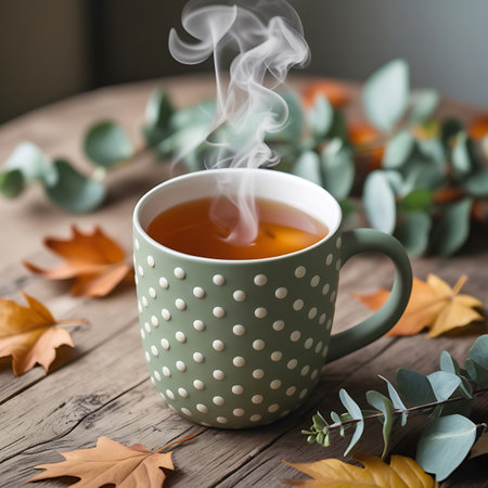 A green polka dot mug of hot tea, with steam rising, is placed on a wooden table amidst autumn leaves and eucalyptus.の素材