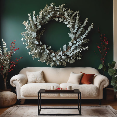 A living room with a cream sofa and eucalyptus wreath is accented with red berries, a terracotta pillow, and festive decor.の素材