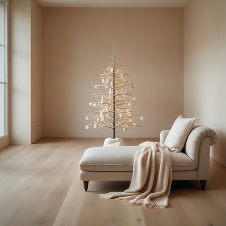Christmas showing minimalist christmas tree and chaise lounge in neutral room. High resolution image suitable for commercial use.の素材