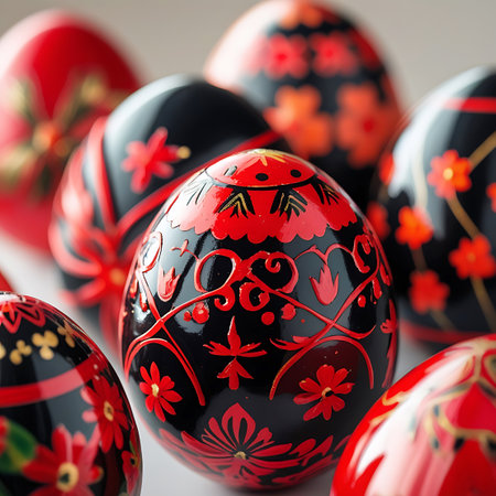 Several intricately painted Easter eggs in black and red with floral and swirling patterns, arranged closely together.の素材