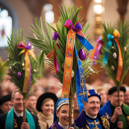 Participants in a religious ceremony hold decorated palm branches adorned with ribbons and Easter eggs, smiling in a church setting.の素材