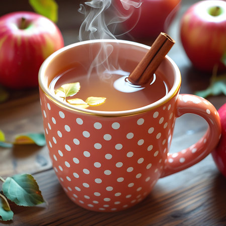 A close-up of a polka dot mug filled with steaming apple cider, a cinnamon stick, and autumn leaves on a wooden table.の素材