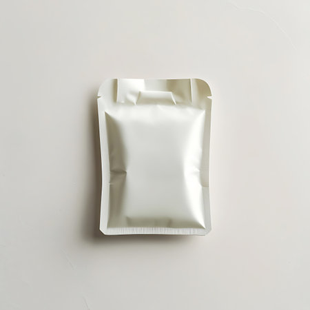 A sealed white metallic foil pouch with a folded top and a small tab is placed on a white surface against a light grey background.の素材