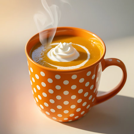 A close-up of a steaming orange polka dot mug filled with hot soup topped with a swirl of whipped cream.の素材