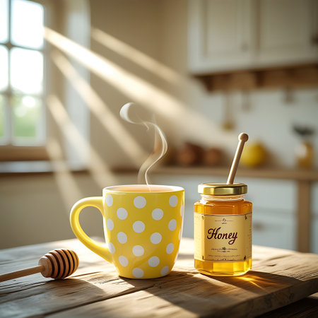 Ceramic showing steaming cup of tea and honey jar in kitchen setting. High resolution image suitable for commercial use.の素材