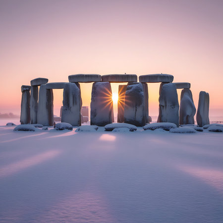 Stonehenge monument in winter snow with a dramatic sunburst visible through the stones at sunrise. Clear details and vibrant colors enhance visual appeal.の素材