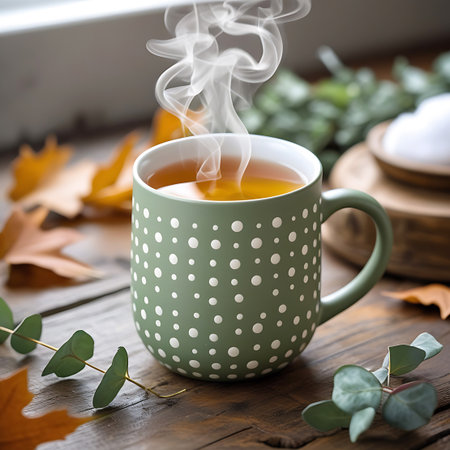 A green polka dot mug filled with steaming tea sits on a wooden surface surrounded by autumn leaves and eucalyptus branches.の素材