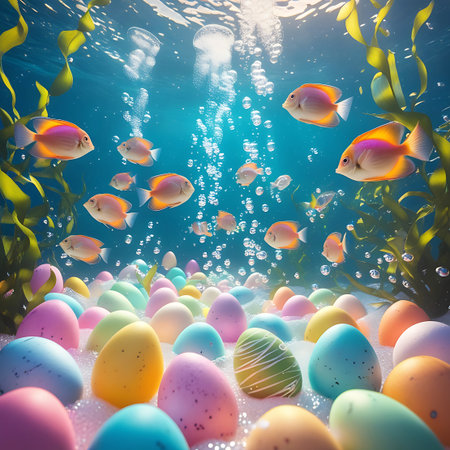 Brightly colored Easter eggs, some with patterns, are submerged underwater with fish, seaweed, and rising bubbles.の素材