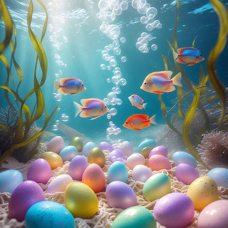 Colorful Easter eggs rest on the sandy ocean floor with fish swimming among seaweed and rising bubbles.の素材