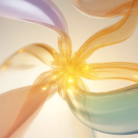 Translucent, flowing shapes resembling petals in shades of orange, yellow, and teal swirl outwards from a bright, glowing center.の素材