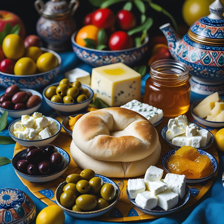 Abundant showing abundant mediterranean breakfast spread with cheese olives and bread keywords: breakfast, mediterranean, food, cheese, olives, bread, honey, fruit, feta, dairy, appetizer, snack,...の素材