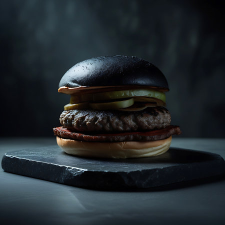 A black burger stacked with pickles and tomato slices sits on a dark stone slab, with a dark, moody background enhancing its presentation.の素材