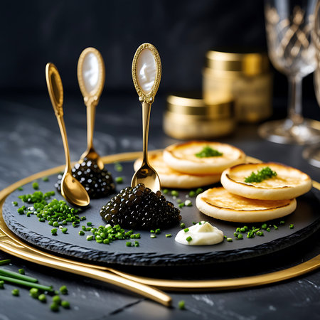 Black caviar is served with blinis, chives, and sour cream on a slate platter with gold accents. Clear details and vibrant colors enhance visual appeal.の素材