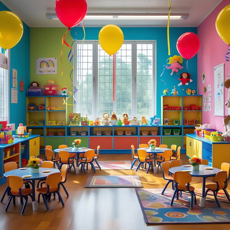 A vibrant and colorful kindergarten classroom filled with small tables and chairs, shelves of toys, and festive balloons hanging from the ceiling.の素材