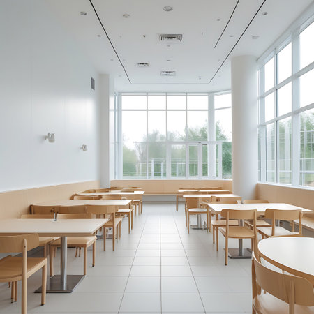 A bright, modern cafeteria with light wood tables and chairs, curved seating along the walls, and large corner windows.の素材
