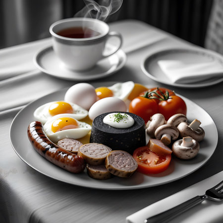 A monochrome full English breakfast with fried eggs, sausage, black pudding, mushrooms, and tomatoes, served with a cup of tea.の素材