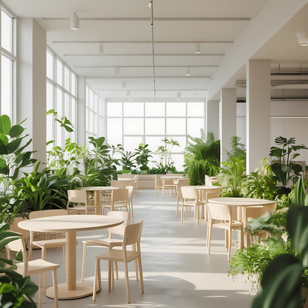 A bright, modern cafe interior filled with numerous lush green plants, natural light streaming through large windows, and light wood furniture.の素材
