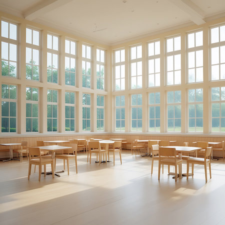 An empty bright dining hall with numerous large windows letting in natural light, featuring wooden tables and chairs.の素材