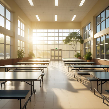 An empty school cafeteria bathed in bright sunlight from large windows. Rows of tables and benches are ready for students, with plants adding a touch of nature.の素材