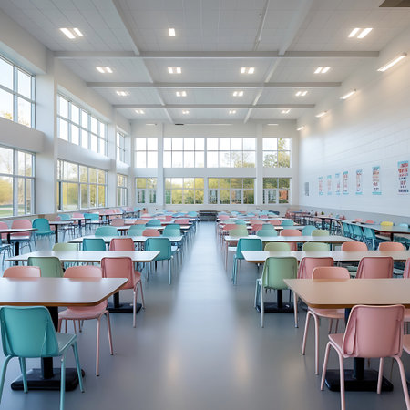 Colorful showing bright modern school cafeteria with colorful chairs and tables. High resolution image suitable for commercial use.の素材