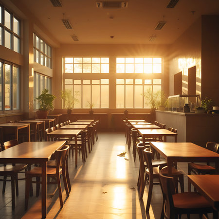 Bright sunlight floods an empty dining hall, highlighting rows of tables and chairs and casting long, distinct shadows on the floor.の素材