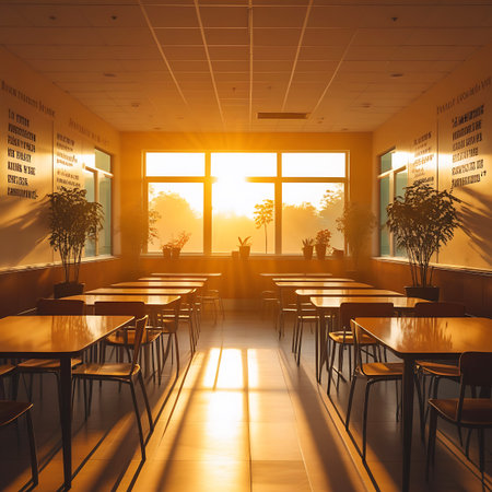 The interior of a cafe filled with golden sunset light streaming through large windows, casting long shadows across the tables and chairs.の素材