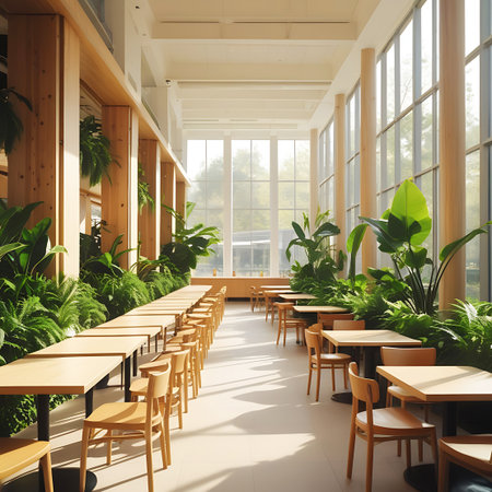 A bright and airy cafe interior with rows of wooden tables and chairs bathed in natural sunlight streaming through large windows, surrounded by lush green plants.の素材
