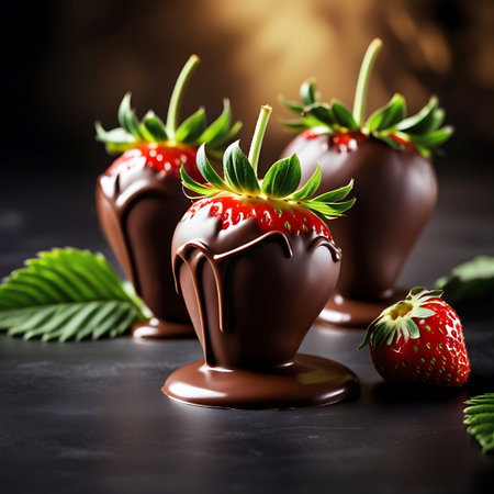 Close-up of chocolate-covered strawberries with drizzles of dark chocolate and fresh green leaves, set against a dark, moody background.の素材