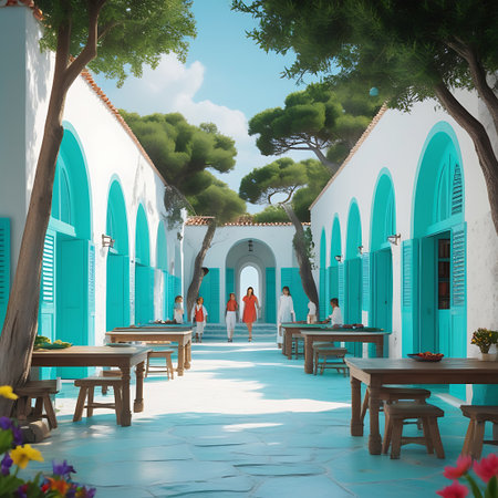 Columns showing courtyard with tables and people in traditional architecture. High resolution image suitable for commercial use.の素材