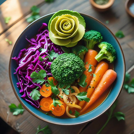 A delicious Buddha bowl containing noodles, broccoli, carrots, red cabbage, and parsley, presented on a rustic wooden surface.の素材