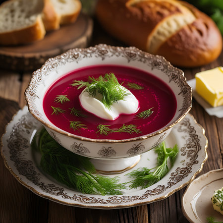 An elegant bowl of beetroot soup with a dollop of cream and dill garnish, presented on a decorative plate with bread and butter.の素材
