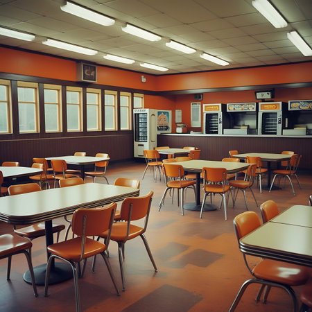 An empty retro cafeteria featuring orange chairs, tables, vending machines, and large windows under bright fluorescent lights.の素材