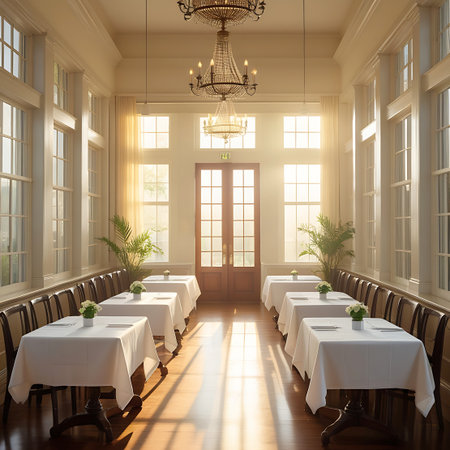 Clean showing elegant dining room with tables set for event and sunlight. High resolution image suitable for commercial use.の素材
