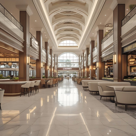 A grand indoor shopping mall atrium with polished marble floors, elegant columns, and comfortable seating areas bathed in natural light.の素材