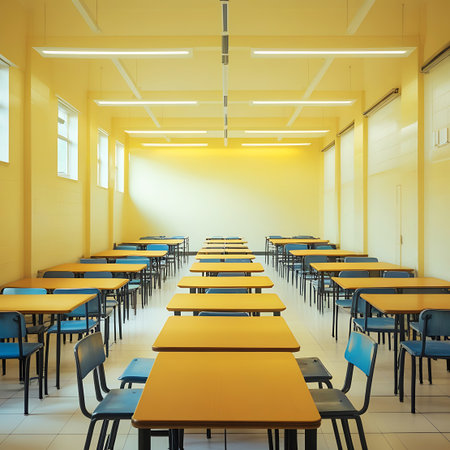 An empty school cafeteria with yellow walls, rows of tables and chairs, and fluorescent lighting creating a bright, institutional atmosphere.の素材