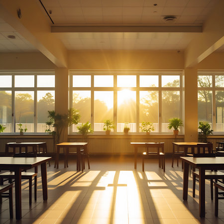 An empty classroom bathed in warm sunlight streaming through windows, creating long, distinct shadows across the floor.の素材