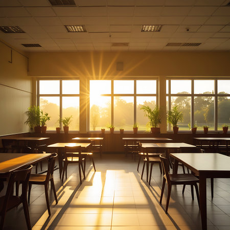 An empty cafeteria with wooden tables and chairs bathed in warm sunlight streaming through large windows, casting long shadows.の素材