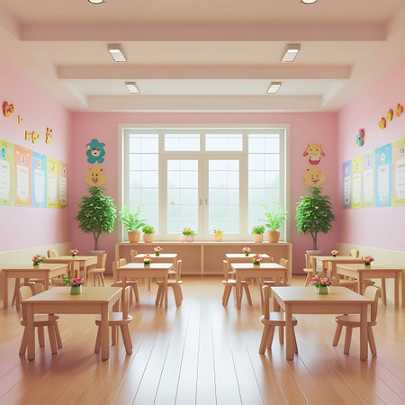 An empty preschool classroom featuring light wooden furniture, pink walls, and cheerful cartoon animal decorations and posters.の素材