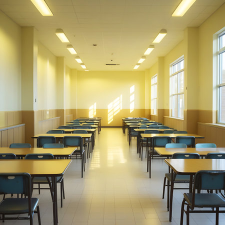 An empty school cafeteria with rows of tables and chairs, yellow walls, and fluorescent lighting casting long shadows from the windows.の素材