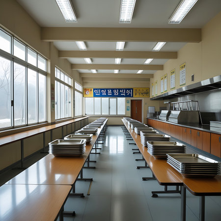 An empty school cafeteria with long tables, benches, and stacked metal trays, featuring serving counters and Korean signage.の素材