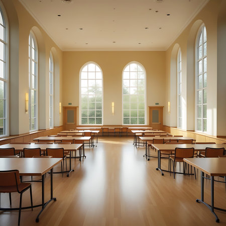 An empty dining hall with rows of tables and chairs, illuminated by natural light from tall arched windows.の素材