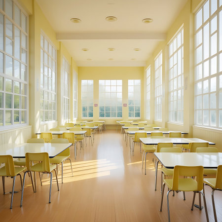 Cafeteria showing empty school cafeteria with yellow chairs and tables and large windows. High resolution image suitable for commercial use.の素材