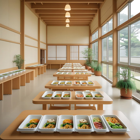 Serene showing buffet dining area with individual meal trays. High resolution image suitable for commercial use.の素材