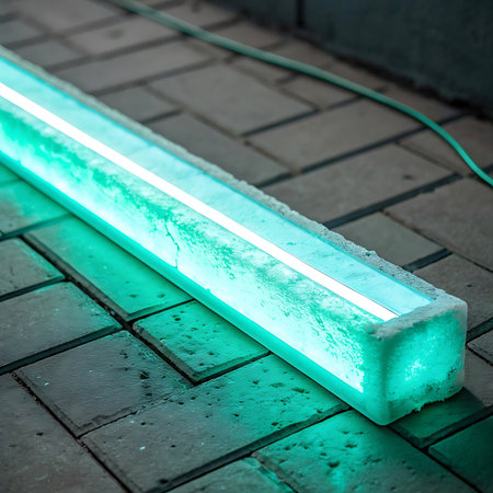 A close-up of a glowing green LED light bar encased in rough, textured concrete on a tiled surface. Clear details and vibrant colors enhance visual appeal.の素材