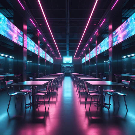 An empty futuristic cafe interior illuminated by vibrant pink and blue neon lights, with rows of tables and large digital screens on the walls.の素材