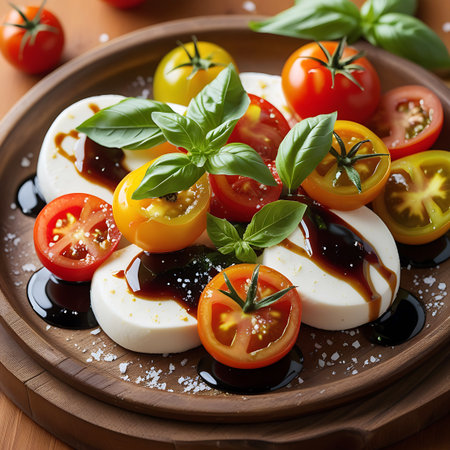 A close-up of a Caprese salad with fresh mozzarella, assorted tomatoes, and basil leaves drizzled with balsamic glaze on a wooden plate.の素材