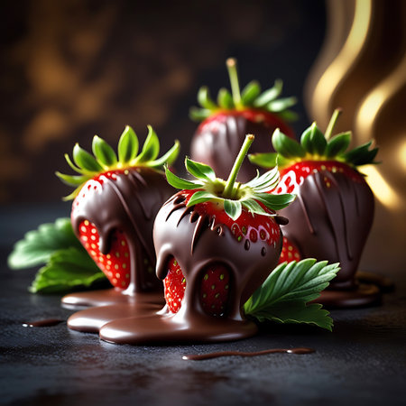 Four ripe strawberries are generously coated in dark chocolate, with some chocolate dripping onto the dark surface. Green leaves add a fresh contrast.の素材