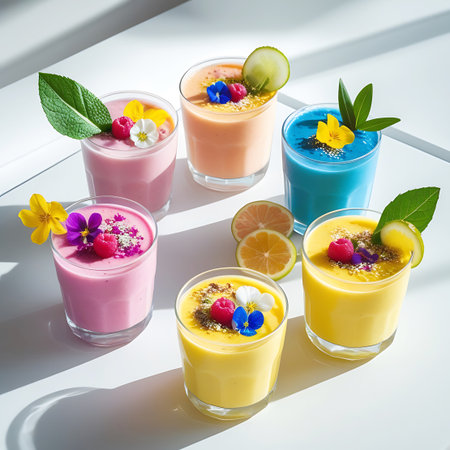 Five glasses of colorful smoothies in pink, yellow, orange, and blue, garnished with fresh fruits, flowers, and a slice of cucumber.の素材