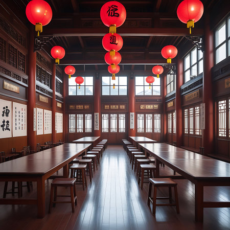 A festive Chinese interior featuring long wooden tables, stools, red lanterns, and decorative scrolls with calligraphy on the walls.の素材